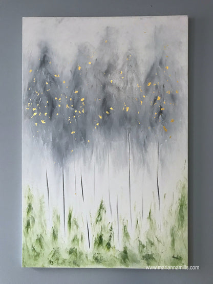 original surreal oil painting with 22k gold leaves by Marianna Mills, Hungarian artist. title is The first of Phoenix and it featuring gray trees with white background and fresh green grass.
