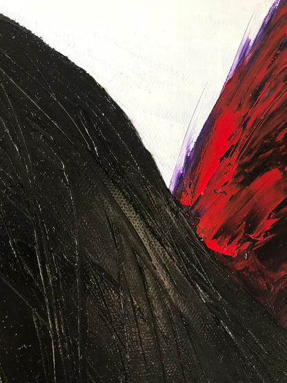 When the Angel Asleep - in memory of 2015 Paris Terrorist Attack -  original surreal oil painting on canvas by Hungarian visionary artist Marianna Mills. 36”x24” size for sale. A very sad contemporary fine art featuring a black long hair  angel back, she is laying on her side and sleeping and blood stained her wings. detail photo