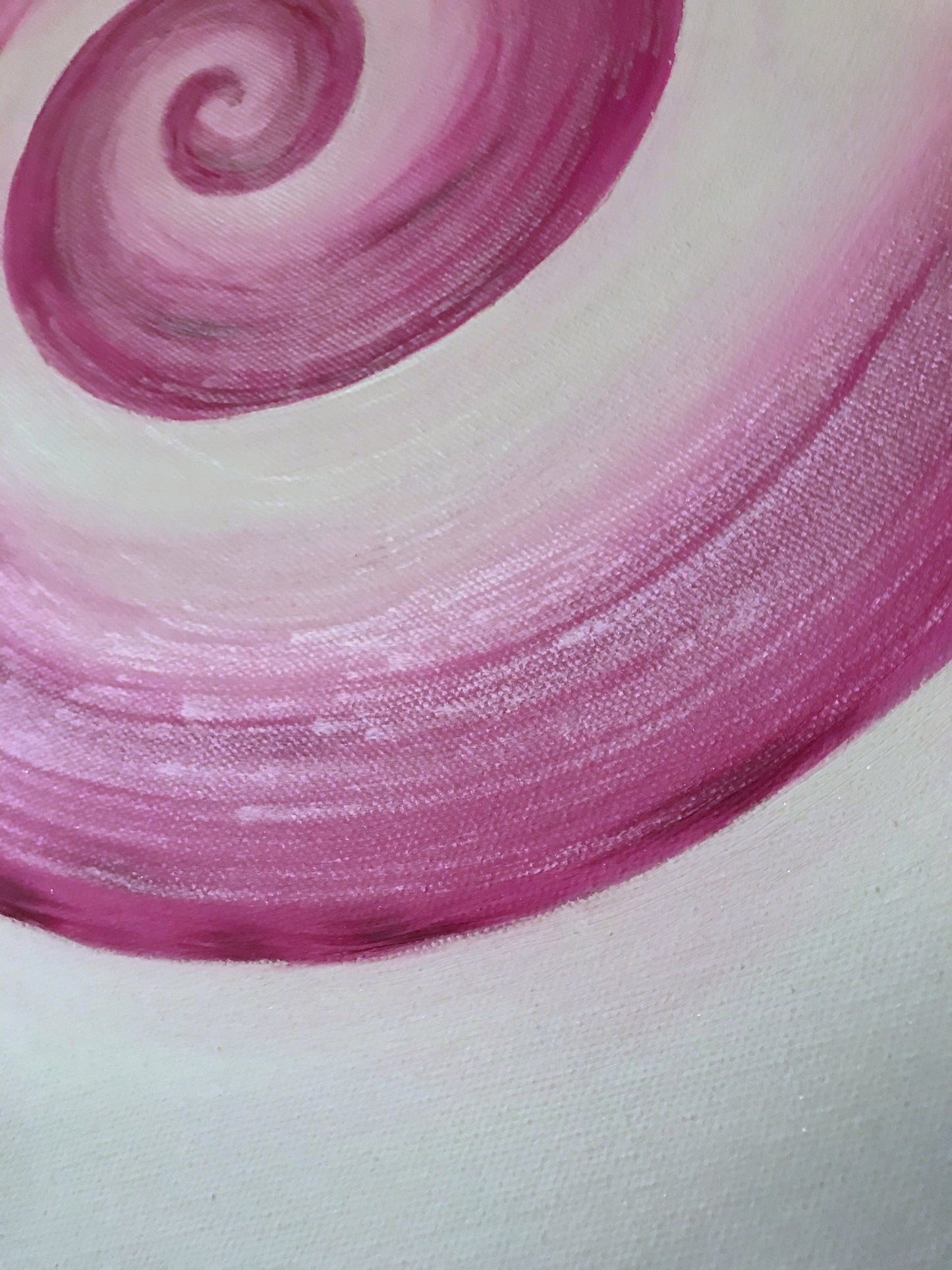 detail picture.original 2 canvas panel large oil abstract painting with mica powder by Hungarian visionary artist Marianna Mills. Total wall space 43 inches x 38 inches. Title is Thinking it over and over again.. is a beautiful visionary fine art featuring spirals in pink, soft blue and white colors in an ombre effect with shimmering, sparkling mica powder, this is silver, indigo and iridescent give a desired effect to this amazing artwork. No need framing, ready to hang on your wall.