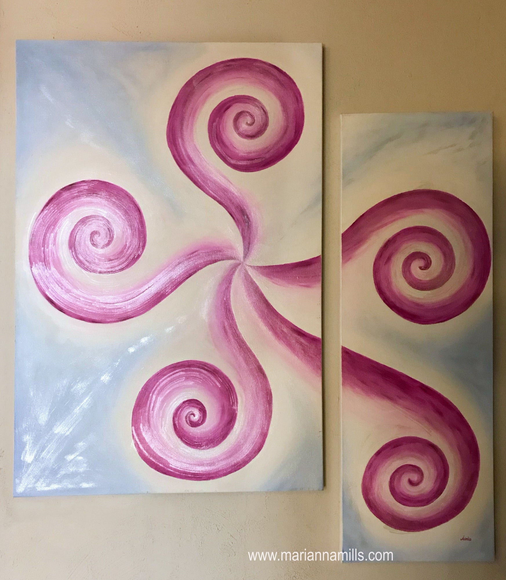 original 2 canvas panel large oil abstract painting with mica powder by Hungarian visionary artist Marianna Mills. Total wall space 43 inches x 38 inches. Title is Thinking it over and over again.. is a beautiful visionary fine art featuring spirals in pink, soft blue and white colors in an ombre effect with shimmering, sparkling mica powder, this is silver, indigo and iridescent give a desired effect to this amazing artwork. No need framing, ready to hang on your wall.
