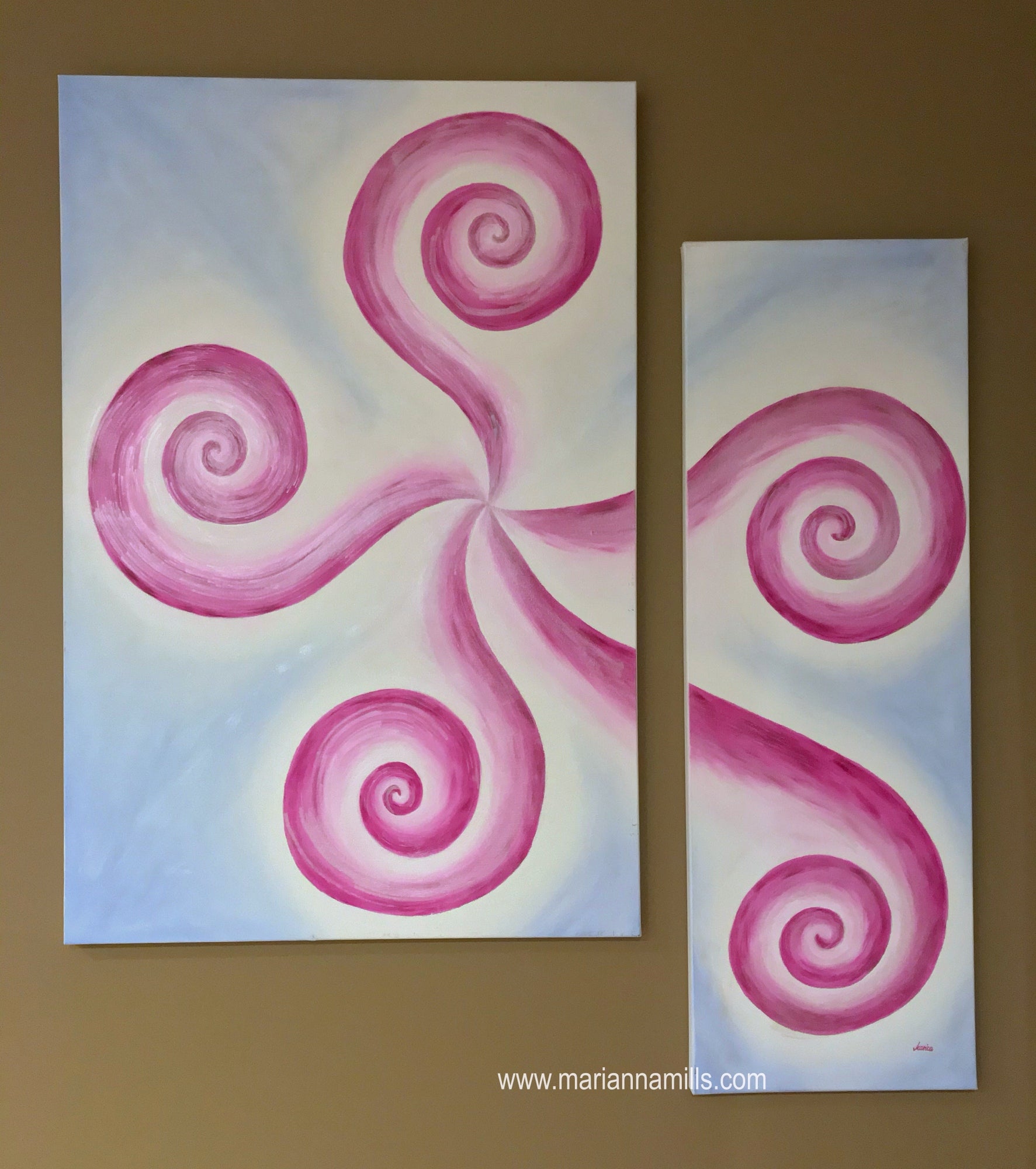 original 2 canvas panel large oil abstract painting with mica powder by Hungarian visionary artist Marianna Mills. Total wall space 43 inches x 38 inches. Title is Thinking it over and over again.. is a beautiful visionary fine art featuring spirals in pink, soft blue and white colors in an ombre effect with shimmering, sparkling mica powder, this is silver, indigo and iridescent give a desired effect to this amazing artwork. No need framing, ready to hang on your wall.