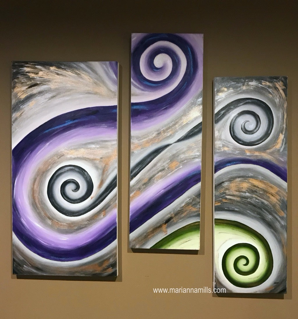 original 3 canvas panel large oil abstract painting with mica powder by Hungarian visionary artist Marianna Mills. Total wall space 44 inches x 46 inches. Title is Deja Vu, is a beautiful visionary fine art featuring spirals in purple, lilac, black, white, fresh vibrant green in an ombre effect with shimmering, sparkling mica powder, this is rich gold, silver, indigo and iridescent give a desired effect to this amazing artwork. No need framing, ready to hang on your wall.