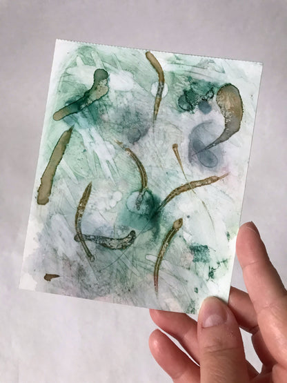 Within | 5.25" x 4.25" Alcohol Ink Original Painting by Marianna Mills. Featuring olive, emerald, snap green, navy blue, ink blue and gray and gold subtle ink colors.