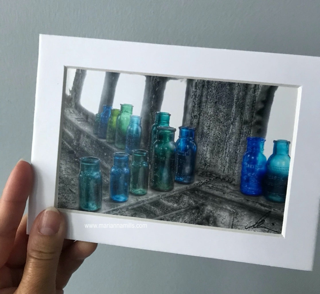 Bromo Seltzer Vintage Glass Blue Bottles 5"x7" signed and matted fine art print by Marianna Mills. Rare greens.