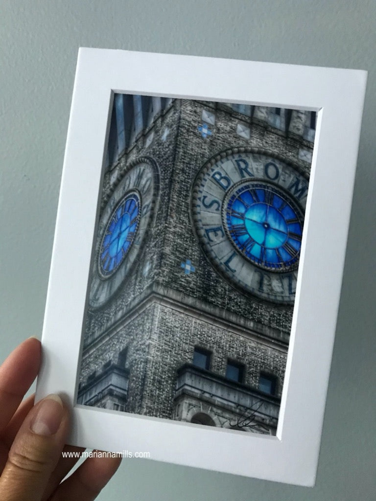 Matted art print by Marianna Mills of the Bromo Seltzer Tower blue clock in Baltimore, Maryland. detail photo of no hands 2015
