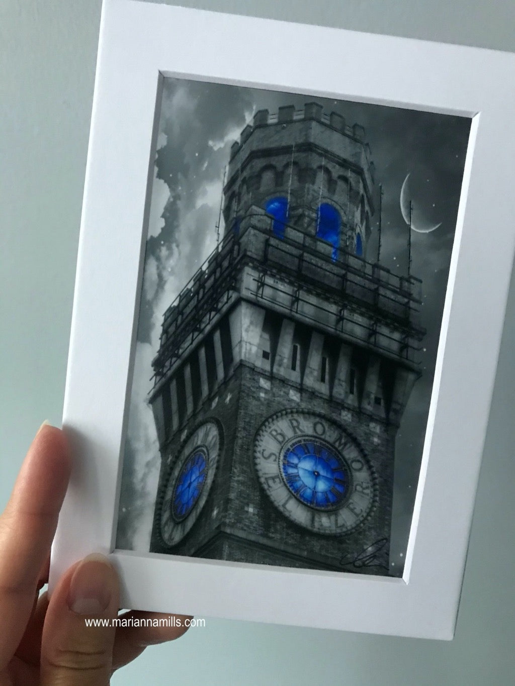 Matted art print by Marianna Mills of the Bromo Seltzer Tower blue clock in Baltimore, Maryland. no clock hands 2015