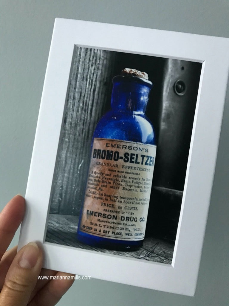 Bromo Seltzer Vintage Glass Blue Bottle 5"x7" signed and matted fine art print by Marianna Mills