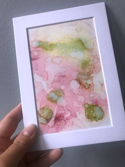 Stay With Me - 5" x 7" Alcohol Ink Original Painting by Marianna Mills, Pink and green color abstract ink painting