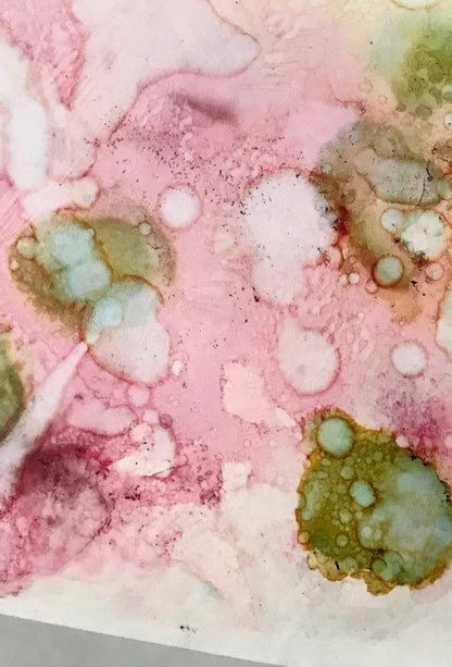 Stay With Me - 5" x 7" Alcohol Ink Original Painting by Marianna Mills, Pink and green color abstract ink painting detail.