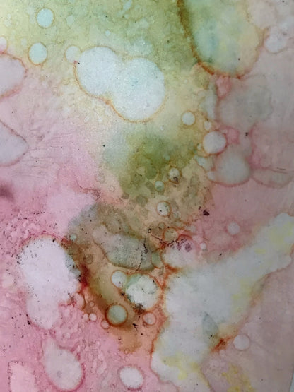 Stay With Me - 5" x 7" Alcohol Ink Original Painting by Marianna Mills, Pink and green color abstract ink painting close up.