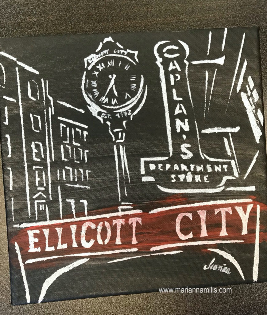 Historic Ellicott City Main Street Landmarks Black and Red Painting by Marianna Mills | 8"x8" by Marianna Mills
