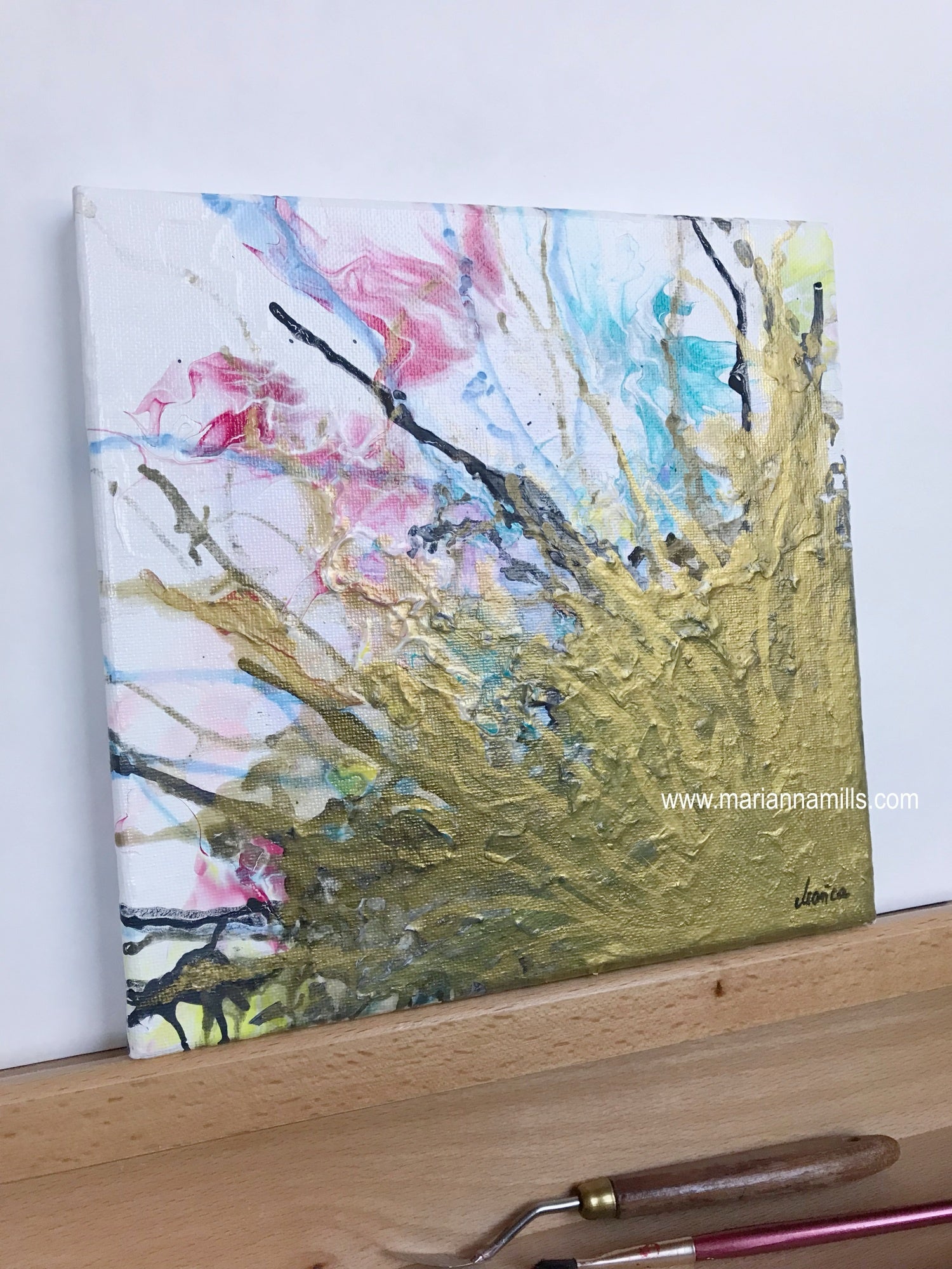 Outburst - 8x8 inches original mixed media fluid art, impasto painting by Marianna Mills . On easel