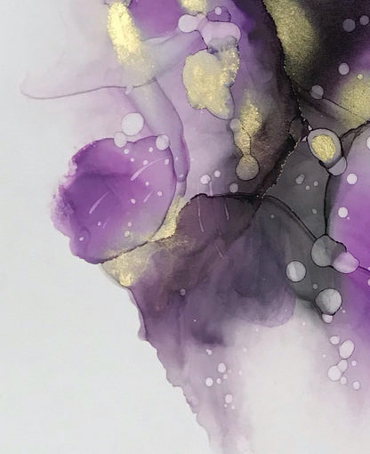 close up picture of the Dream 28 | 9" x 12" Original Abstract Alcohol Ink Painting by Marianna Mills. Featuring purple, eggplant, gold, black, gray ombre color inks.