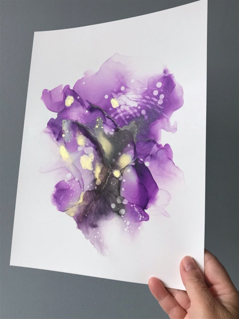 Dream 28 | 9" x 12" Original Abstract Alcohol Ink Painting by Marianna Mills. Featuring purple, eggplant, gold, black, gray ombre color inks. from a different angle to show the metallic gold.