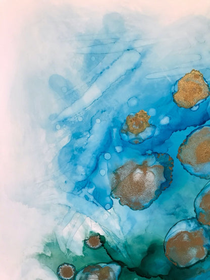 ocean 9"x12" alcohol ink painting by Marianna Mills. Blue, green and gold color inks. Detail picture