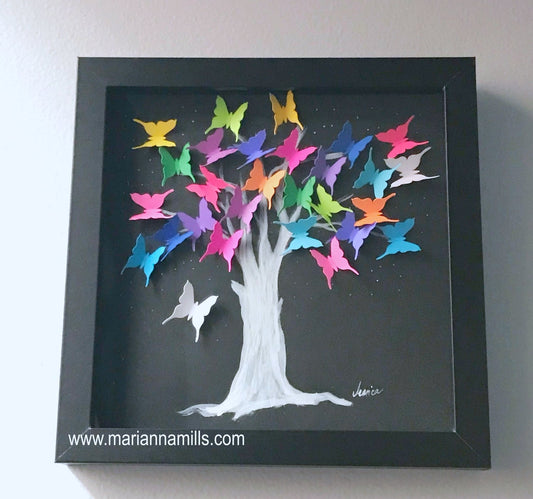 Rainbow Tree - from my Butterfly Collection - Original Mixed Media Painting by Marianna Mills - 8"x8"