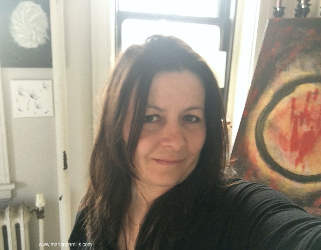 Self portrait of the artist after completed the painting, featuring a woman looking mysteriously into the camera. 24x18 inch Enso - Confine original textured acrylic painting for sale by Marianna Mills Hungarian Artist.