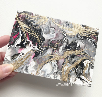 Abstract #43 - 4x6 inches original mixed media fluid/pour art with gold details by Marianna Mills 