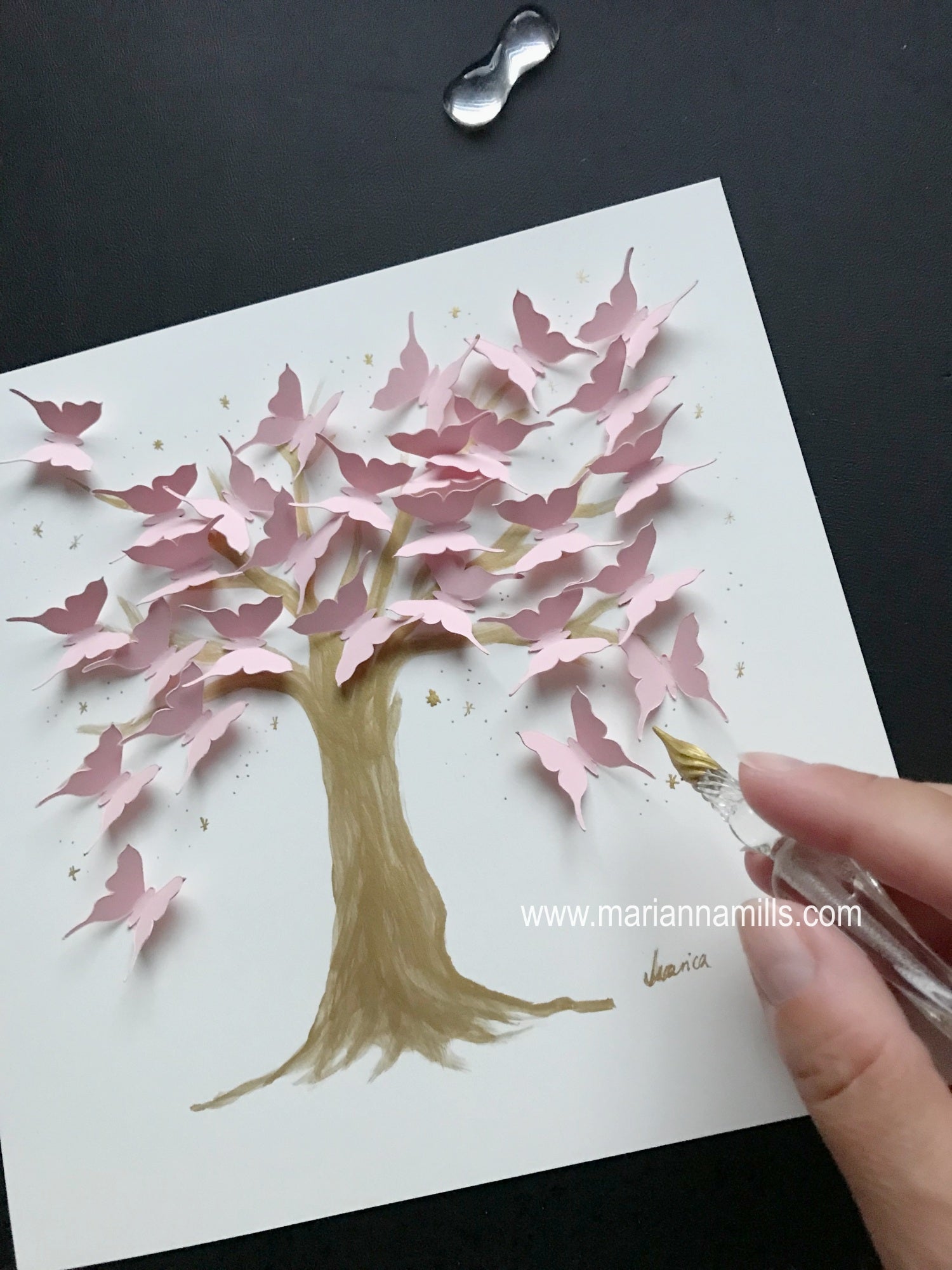 Marianna Mills original mixed media painting Dreaming gold tree trunk tree with pink butterflies