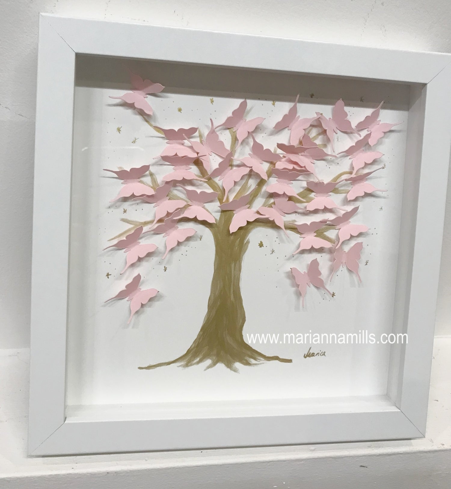 Marianna Mills original mixed media painting Dreaming gold tree trunk tree with pink butterflies