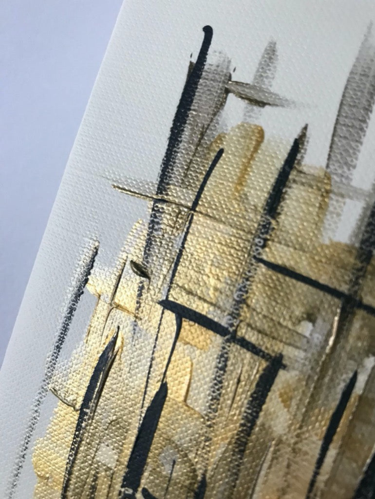 detail of Gold Abstract, gold and black metallic textured mini painting art notecard with matching envelope by Marianna Mills Hungarian artist