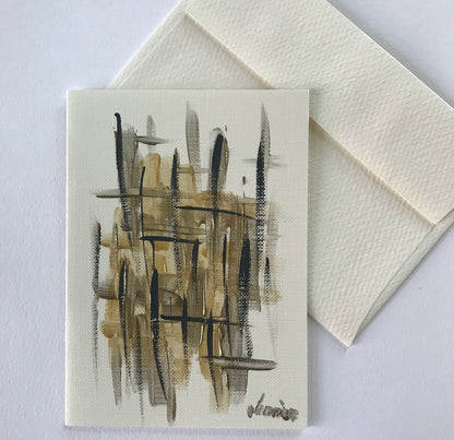 Gold abstract, gold and black metallic textured mini painting art notecard with matching envelope by Marianna Mills Hungarian artist