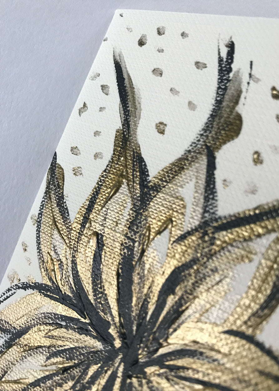 detail of Abstract flower, gold and black color textured mini painting notecard for sale by Marianna Mills Hungarian artist. 
