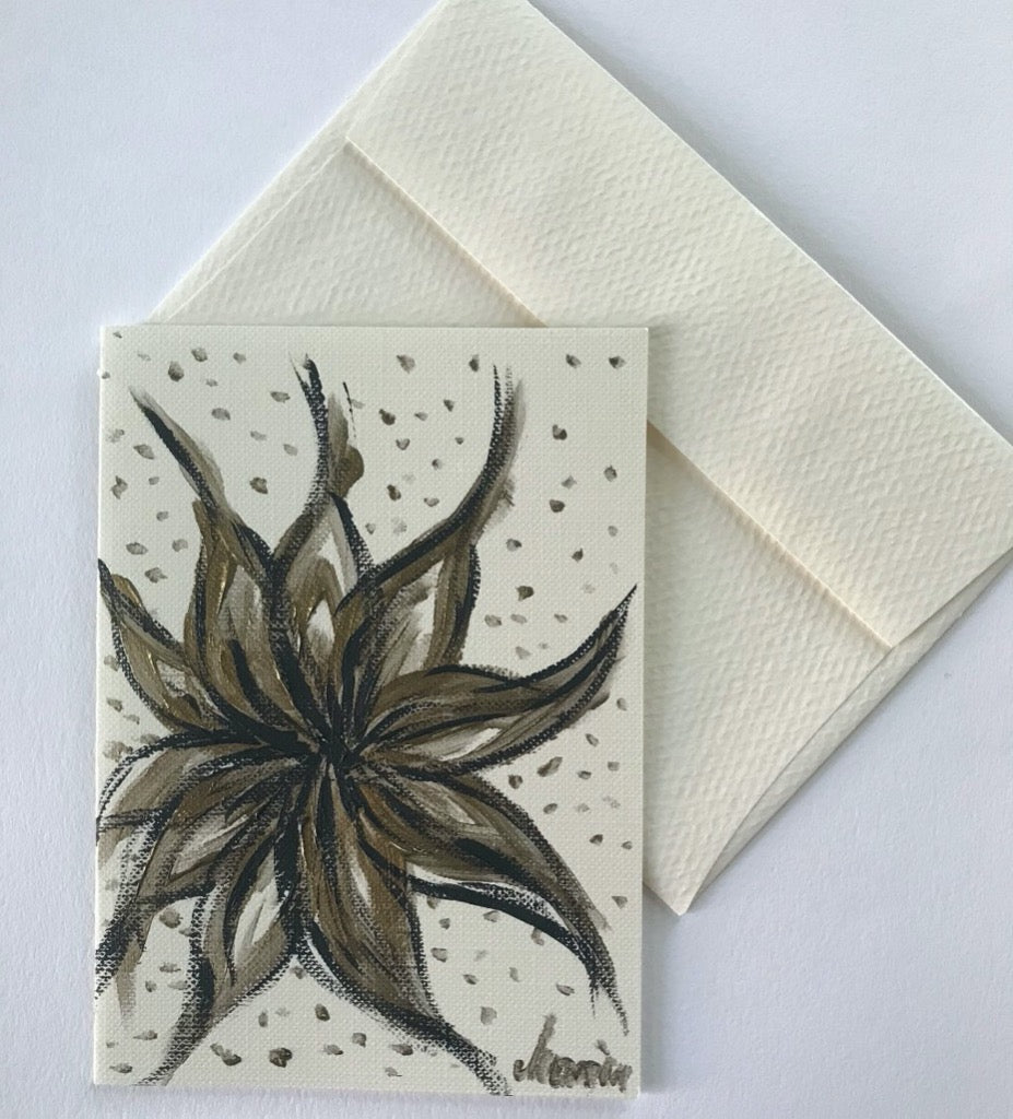 Abstract flower, gold and black color textured mini painting notecard for sale by Marianna Mills Hungarian artist. 
