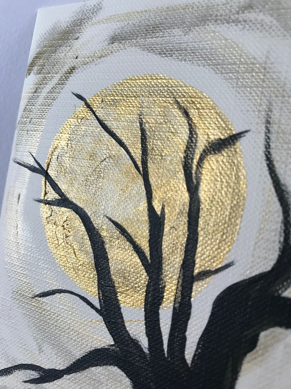 detail of Lonely night, abstract gold and black color textured mini painting notecard for sale by Marianna Mills Hungarian artist. Featuring a black tree and a gold full moon 