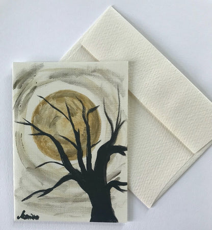 Lonely night, abstract gold and black color textured mini painting notecard for sale by Marianna Mills Hungarian artist. Featuring a black tree and a gold full moon 