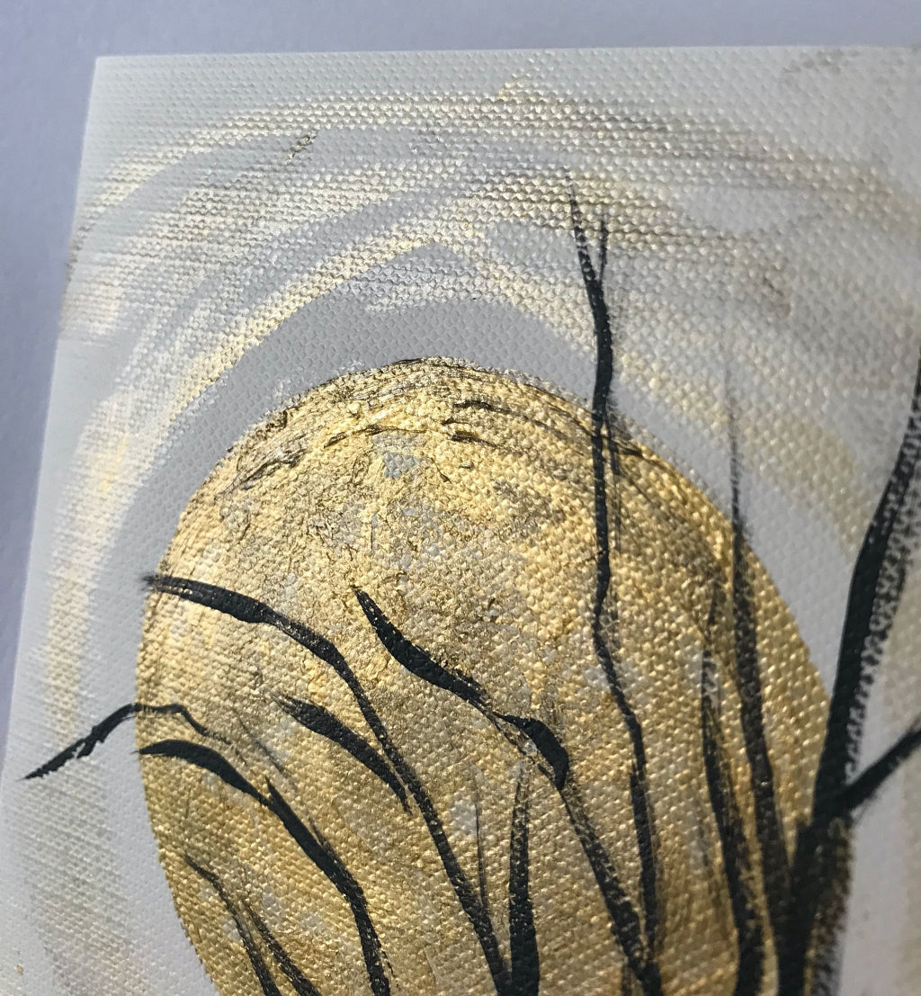 details of Trees at full Moon, gold and black color textured mini painting notecard for sale by Marianna Mills Hungarian artist.