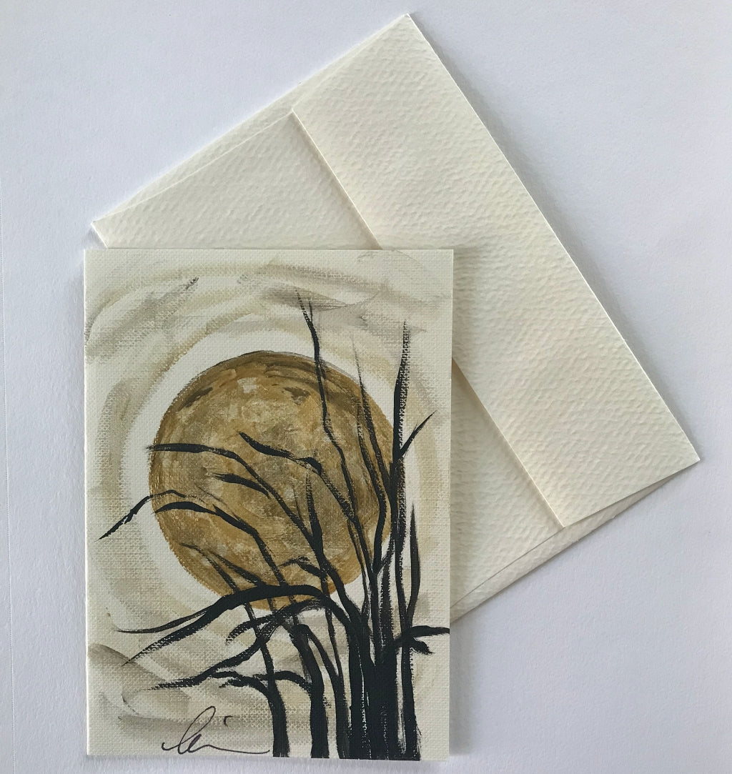 Trees at full Moon, gold and black color textured mini painting notecard for sale by Marianna Mills Hungarian artist.
