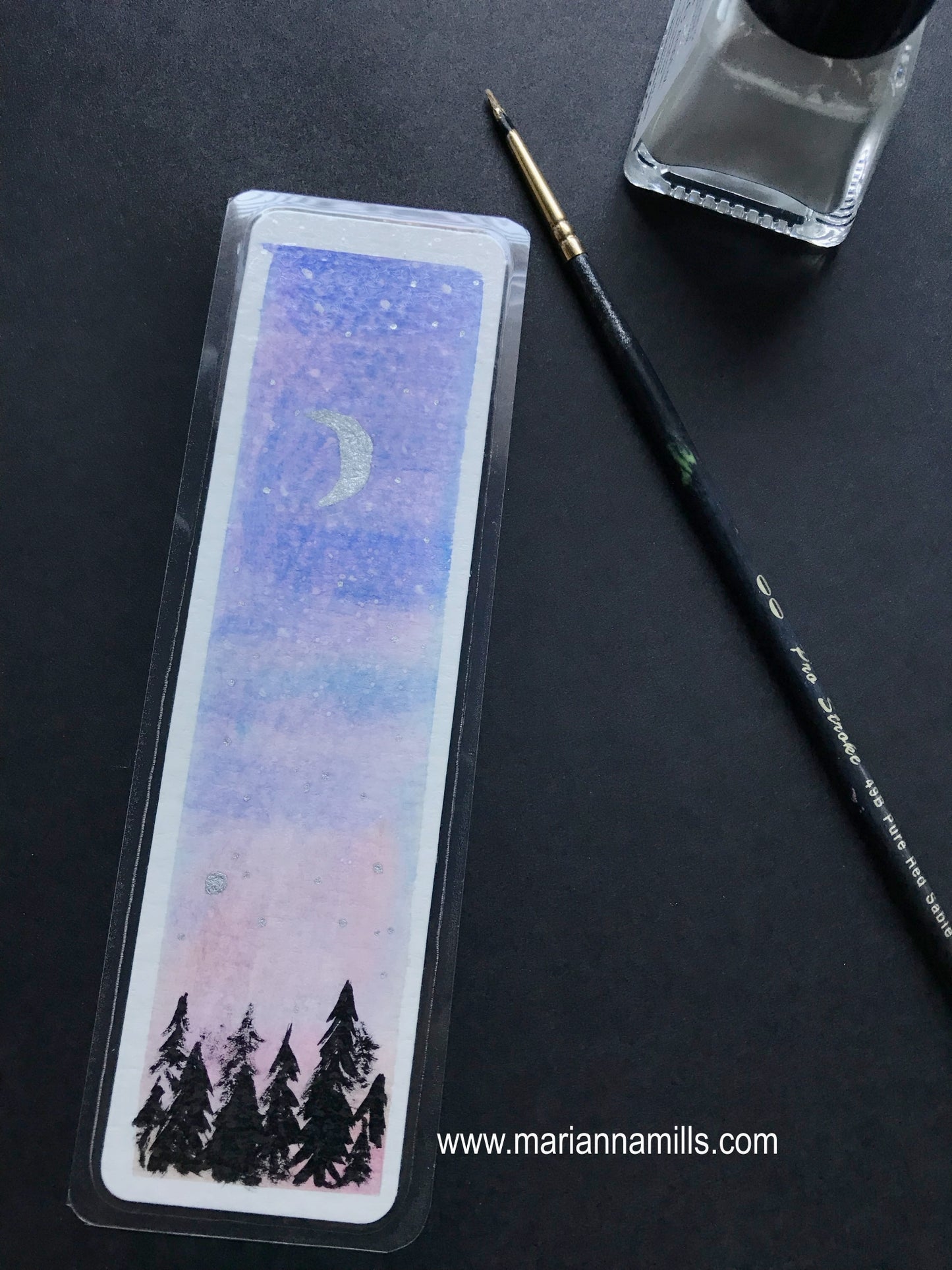 Original hand painted bookmark: starry night sky watercolor with silver details by Marianna Mills