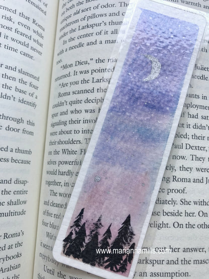 Original hand painted bookmark: starry night sky watercolor with silver details by Marianna Mills