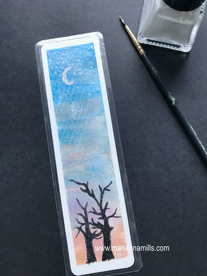 Original hand painted bookmark: watercolor trees with silver details by Marianna Mills