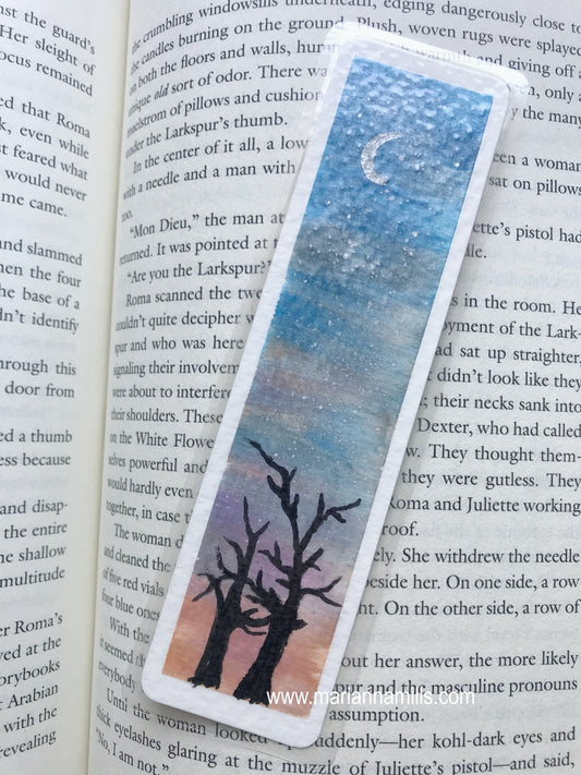 Original hand painted bookmark: watercolor with silver details trees by Marianna Mills