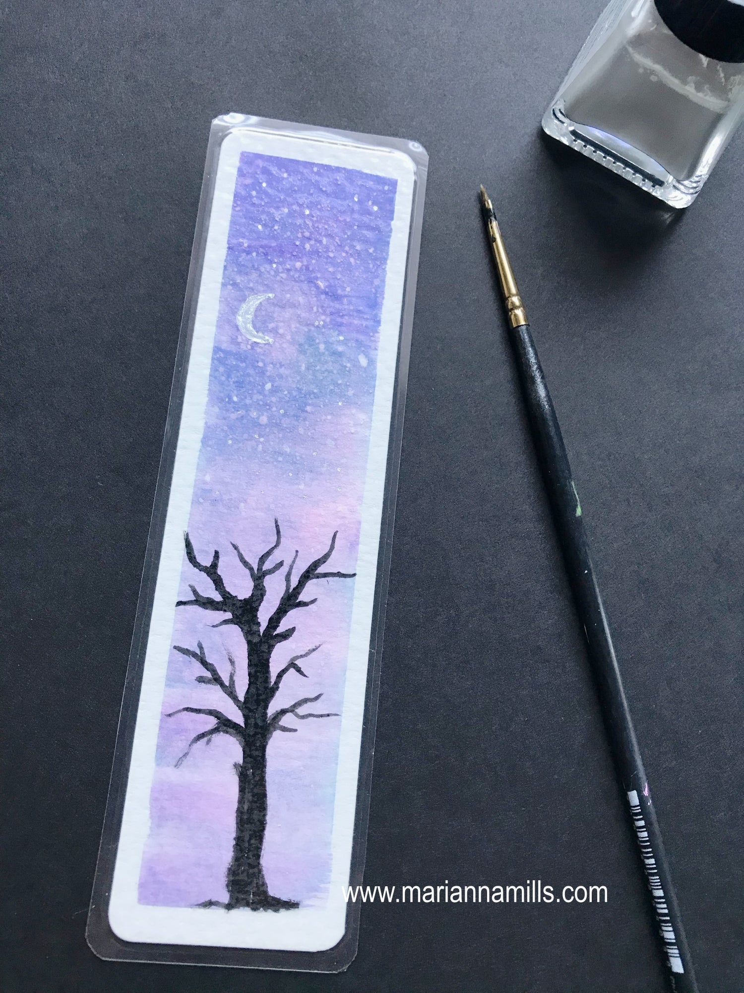 Original hand painted bookmark: watercolor with silver details lone tree by Marianna Mills 