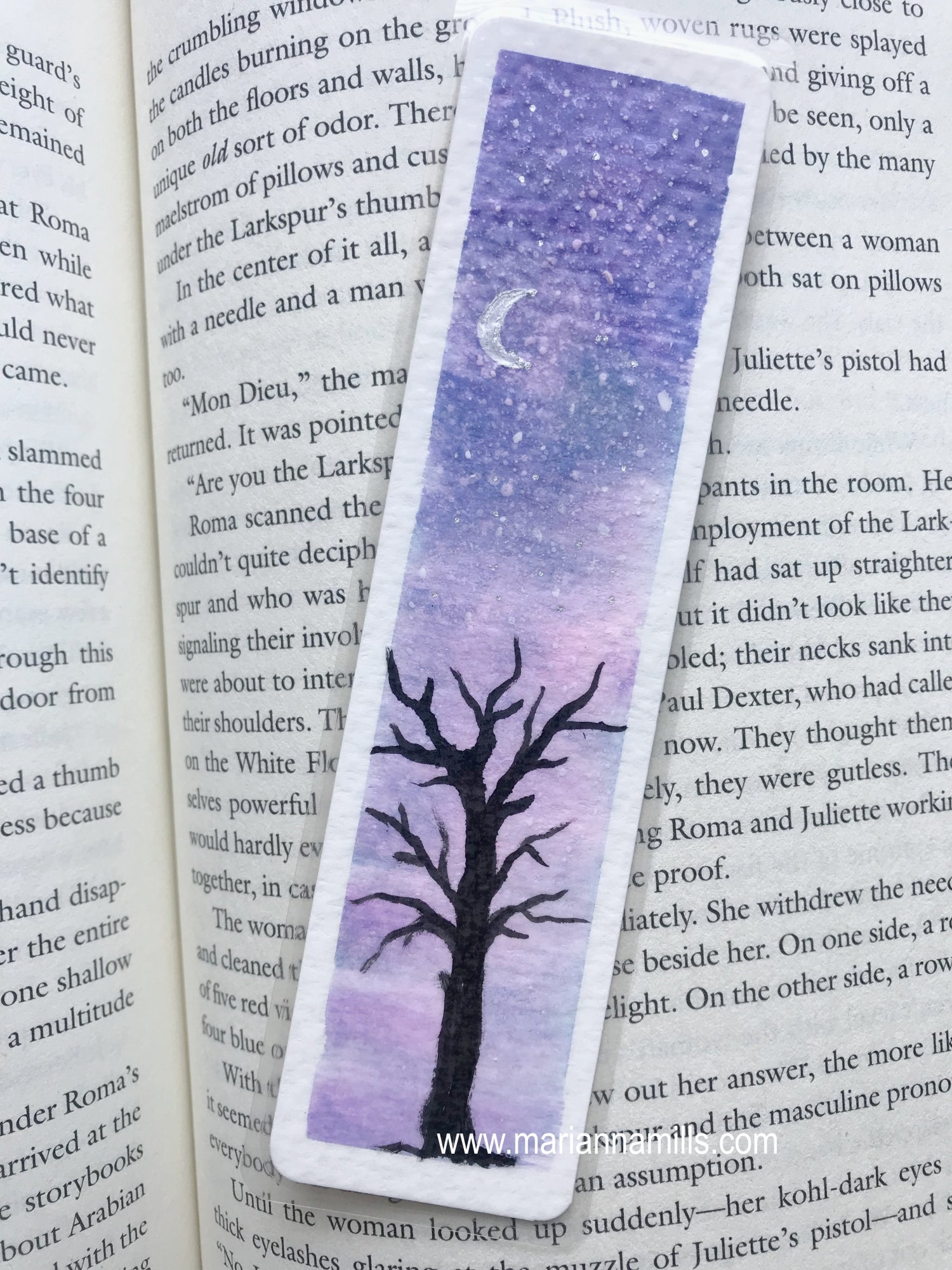 Original hand painted bookmark: watercolor with silver details lone tree on book page by Marianna Mills
