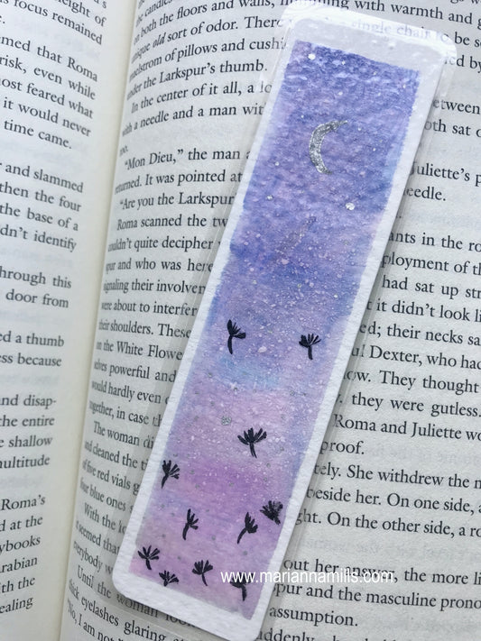 Original hand painted bookmark: watercolor with silver details by Marianna Mills. Make a wish dandelion seeds flying
