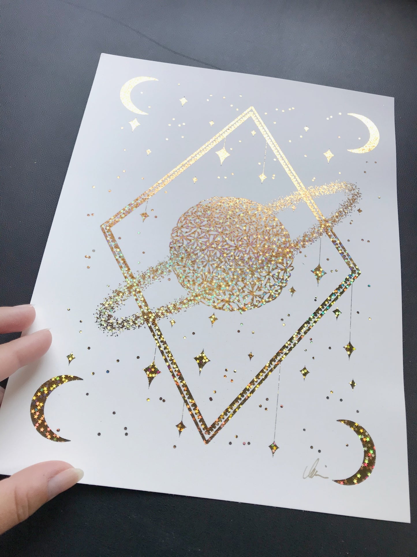 Daisy Galaxy - Signed Gold Holographic Foil Art Print by Marianna Mills - details