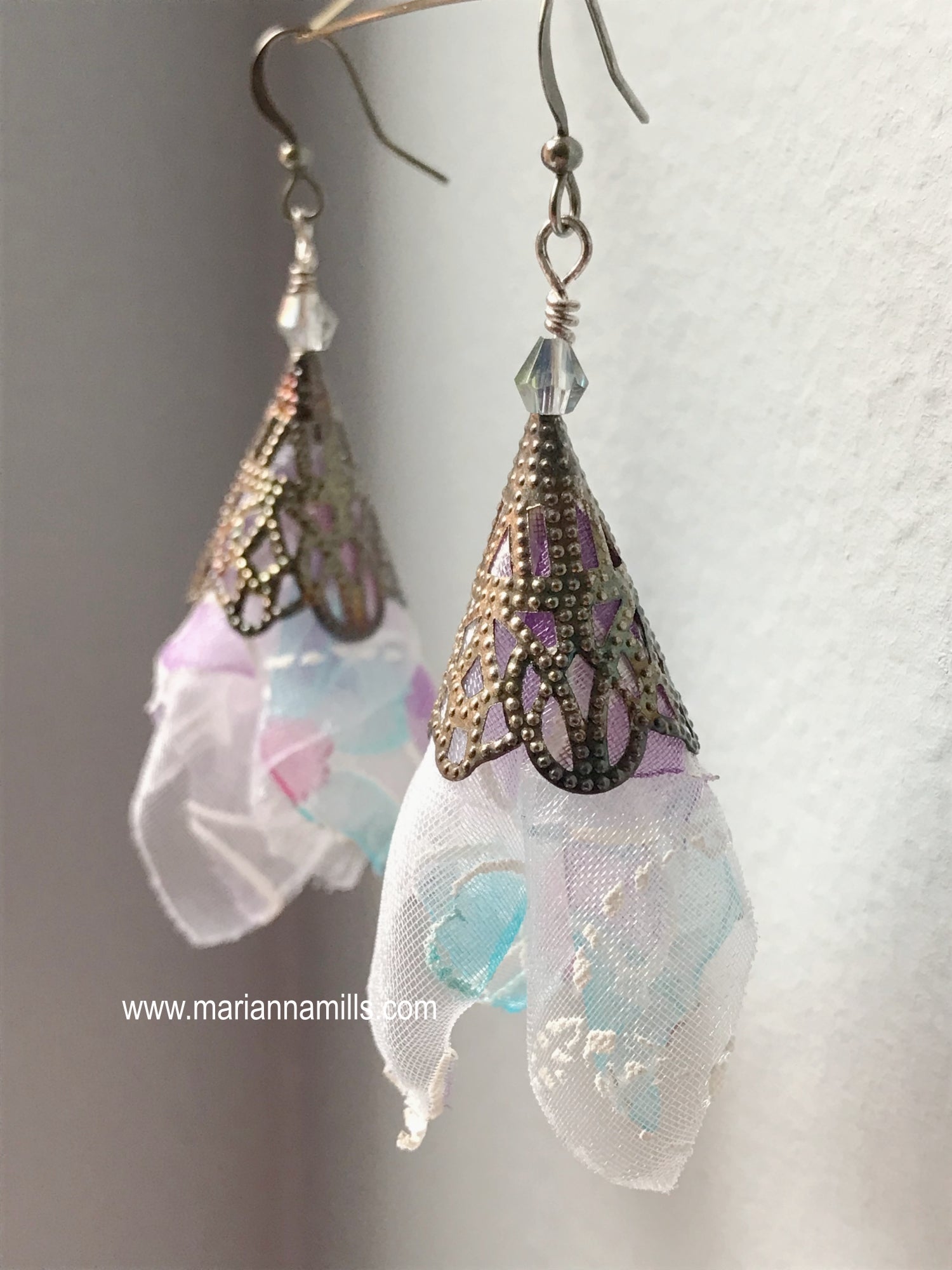 Floral Organza Fiber Art Earrings - Designed and Handmade by Marianna Mills
