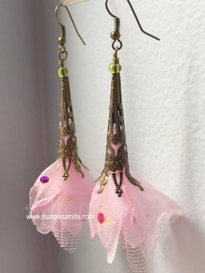 Pink Organza and Tulle Fiber Art Earrings - Designed and Handmade by Marianna Mills