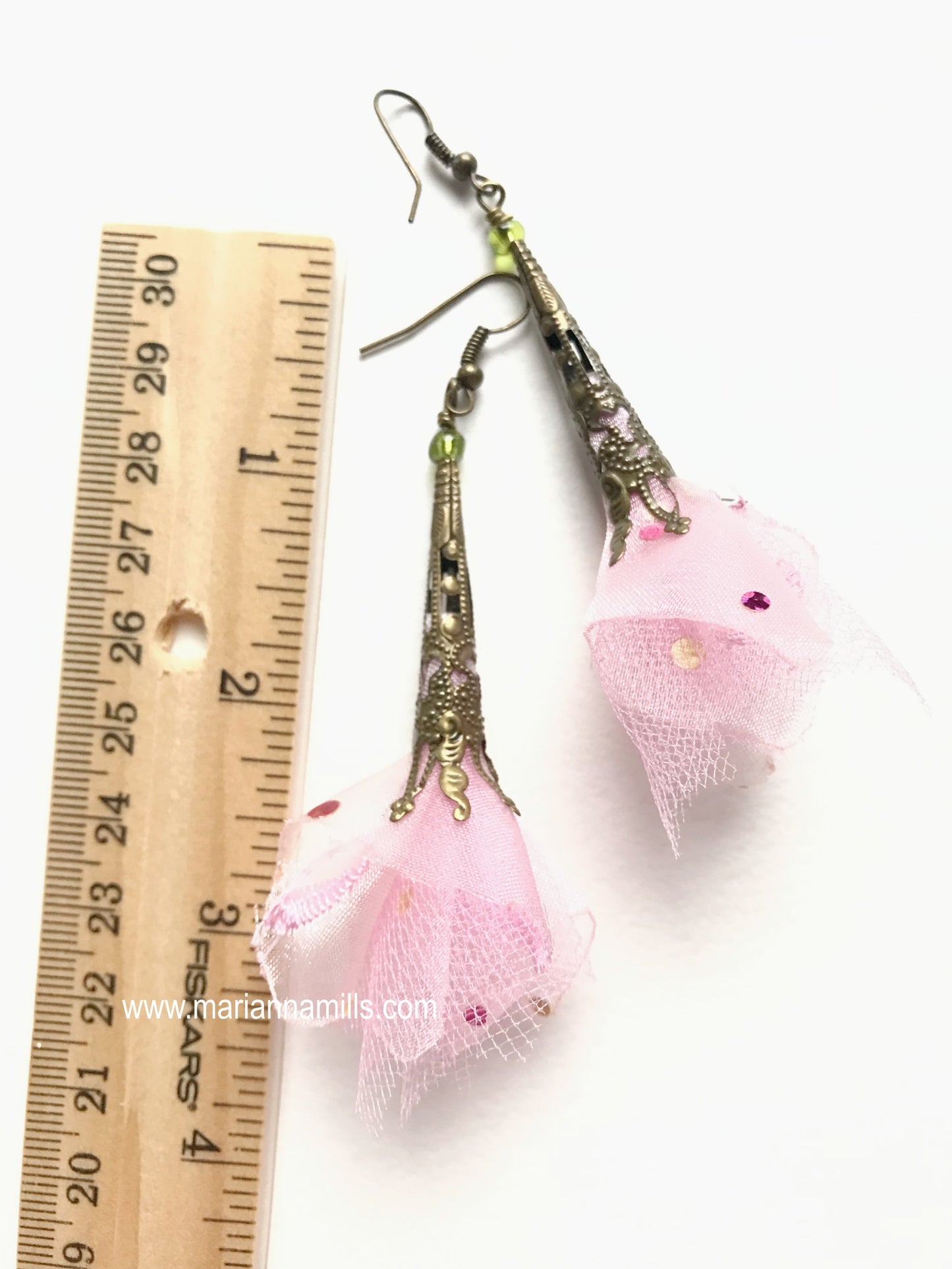 Pink Organza and Tulle Fiber Art Earrings - Designed and Handmade by Marianna Mills