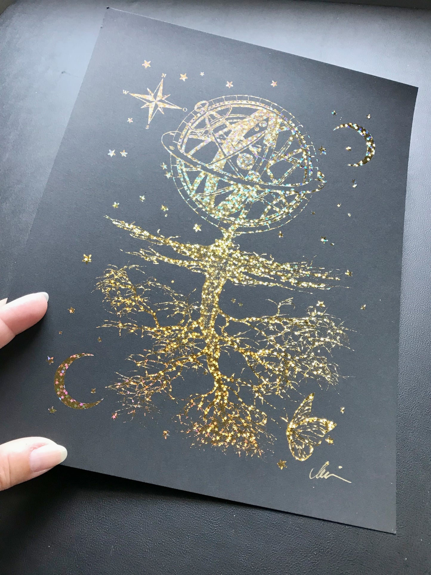 Neverland - signed gold holographic foil art print by Marianna Mills - details