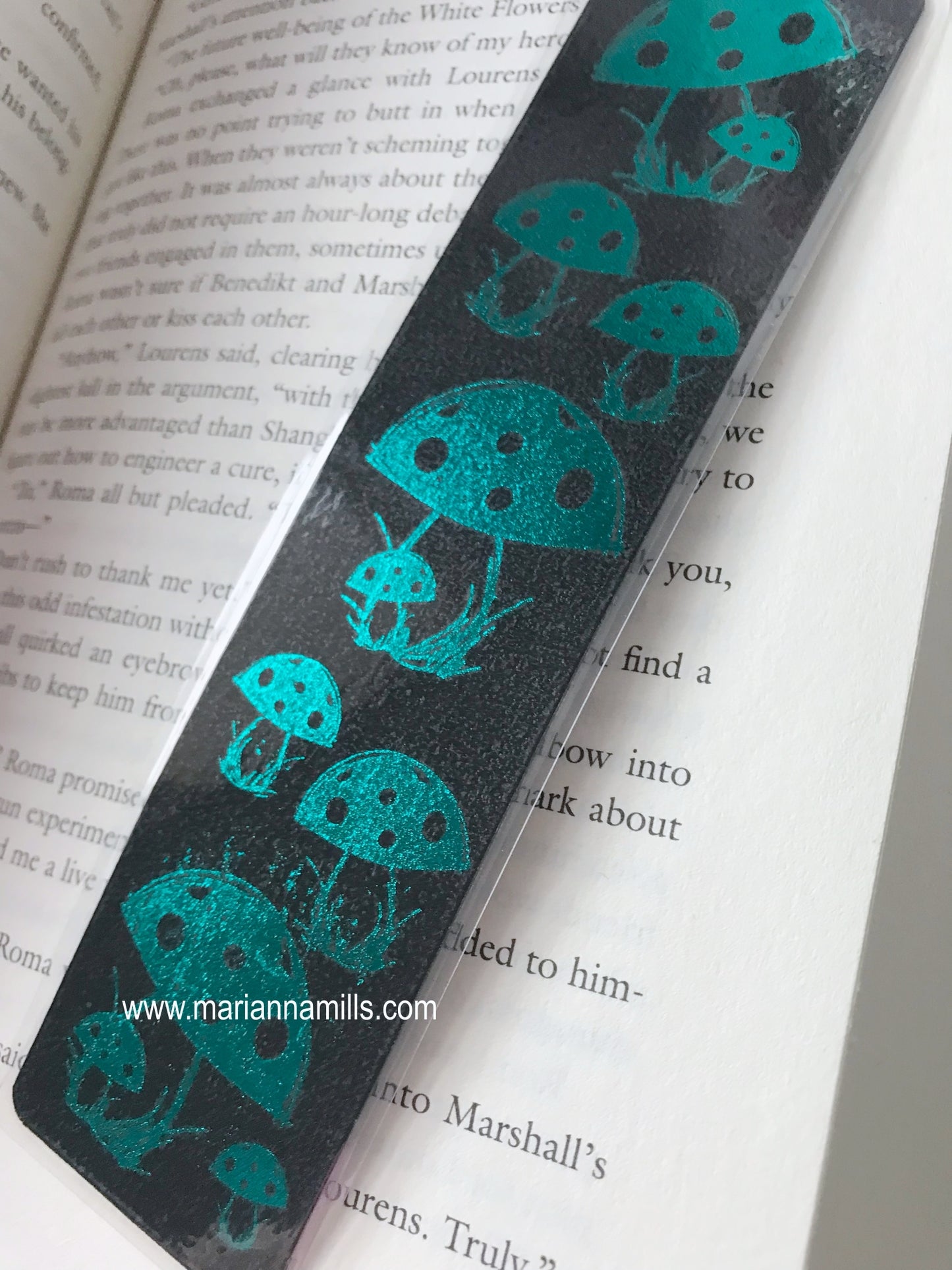 Mushrooms Teal Blue Foil Bookmark Handmade by Marianna Mills