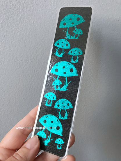 Mushrooms Teal Blue Foil Bookmark Handmade by Marianna Mills